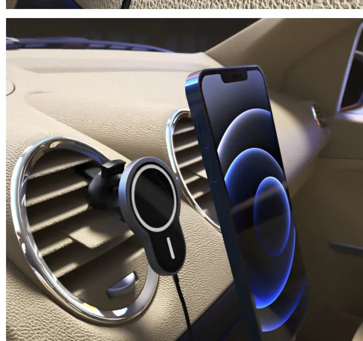 Black magnetic car wireless charging bracket compatible with iPhone and other smartphones on dashboard