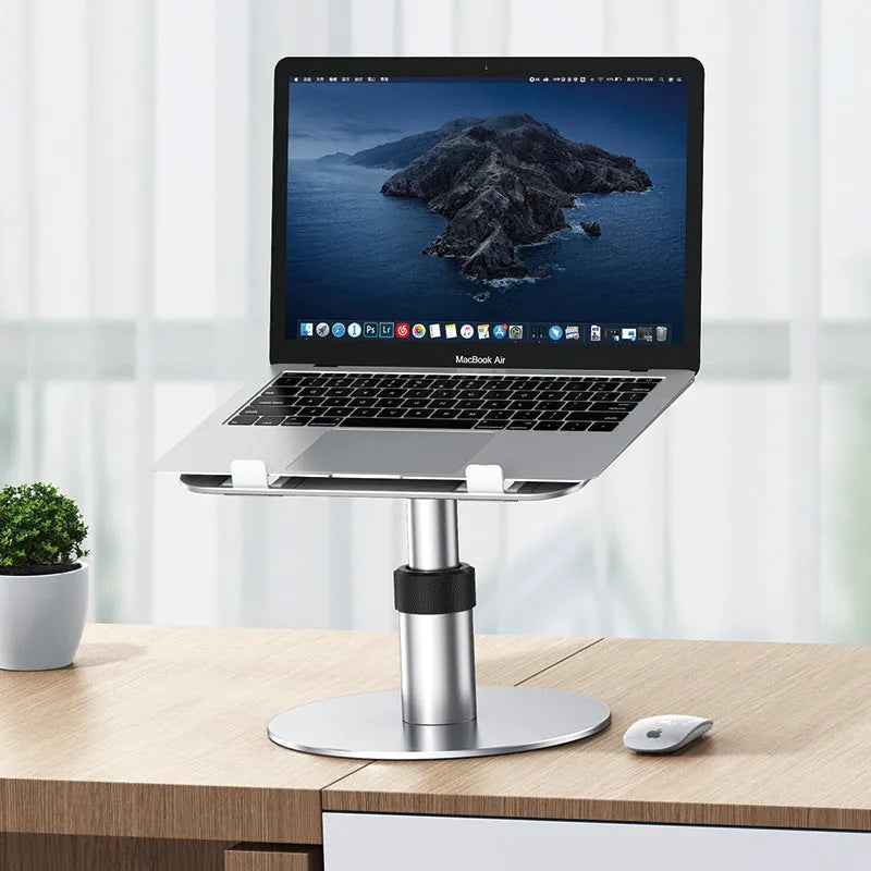 Silver aluminium car laptop stand with adjustable height and rotating pole