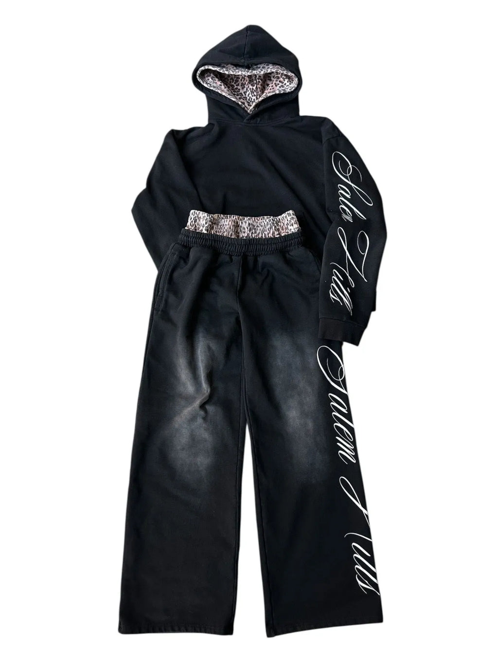 Men's grey fleece-lined hoodie tracksuit set with black punk print design on sleeves and pants