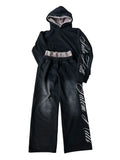 Men's grey fleece-lined hoodie tracksuit set with black punk print design on sleeves and pants
