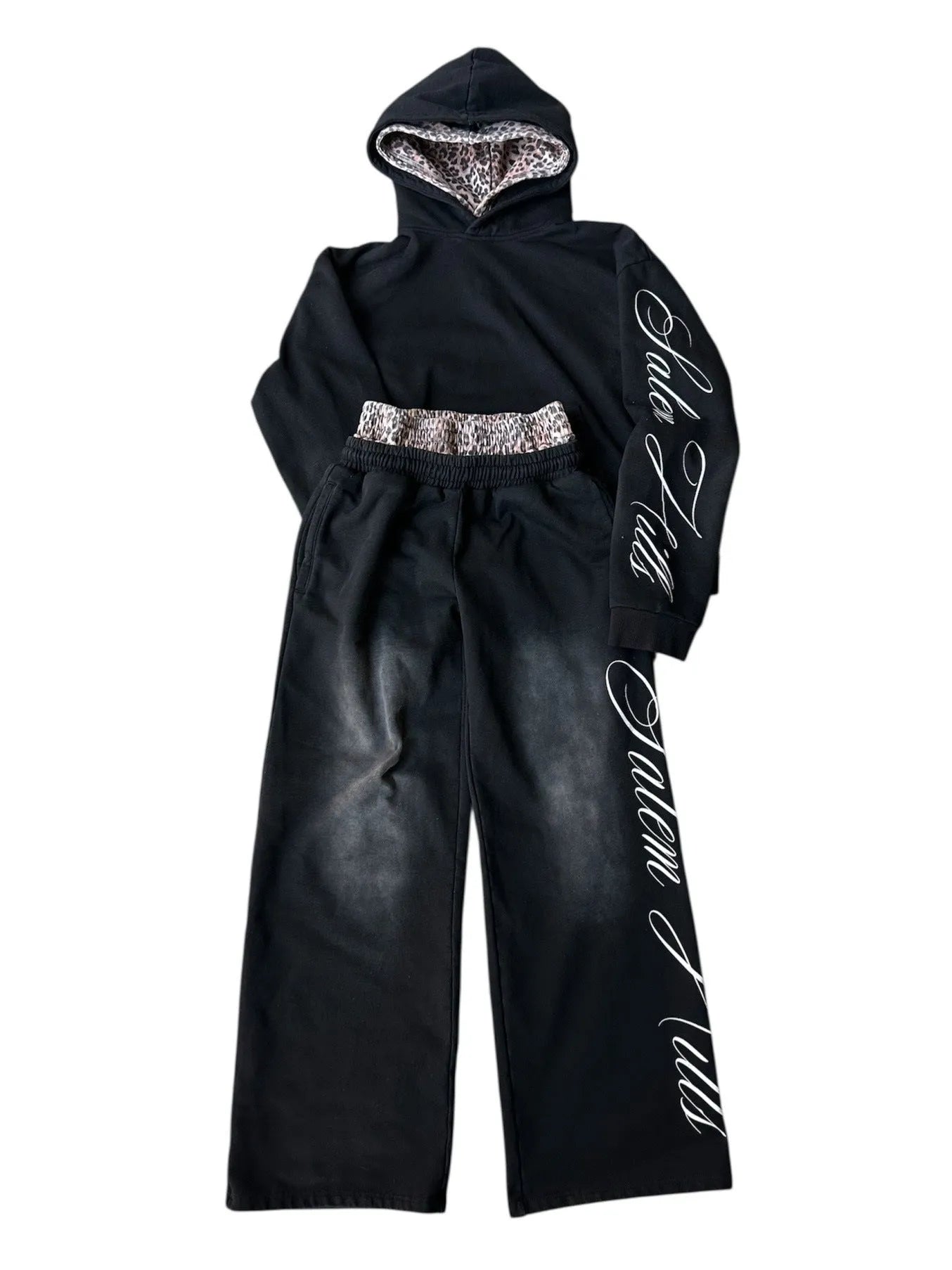 Men's grey fleece-lined hoodie tracksuit set with black punk print design on sleeves and pants