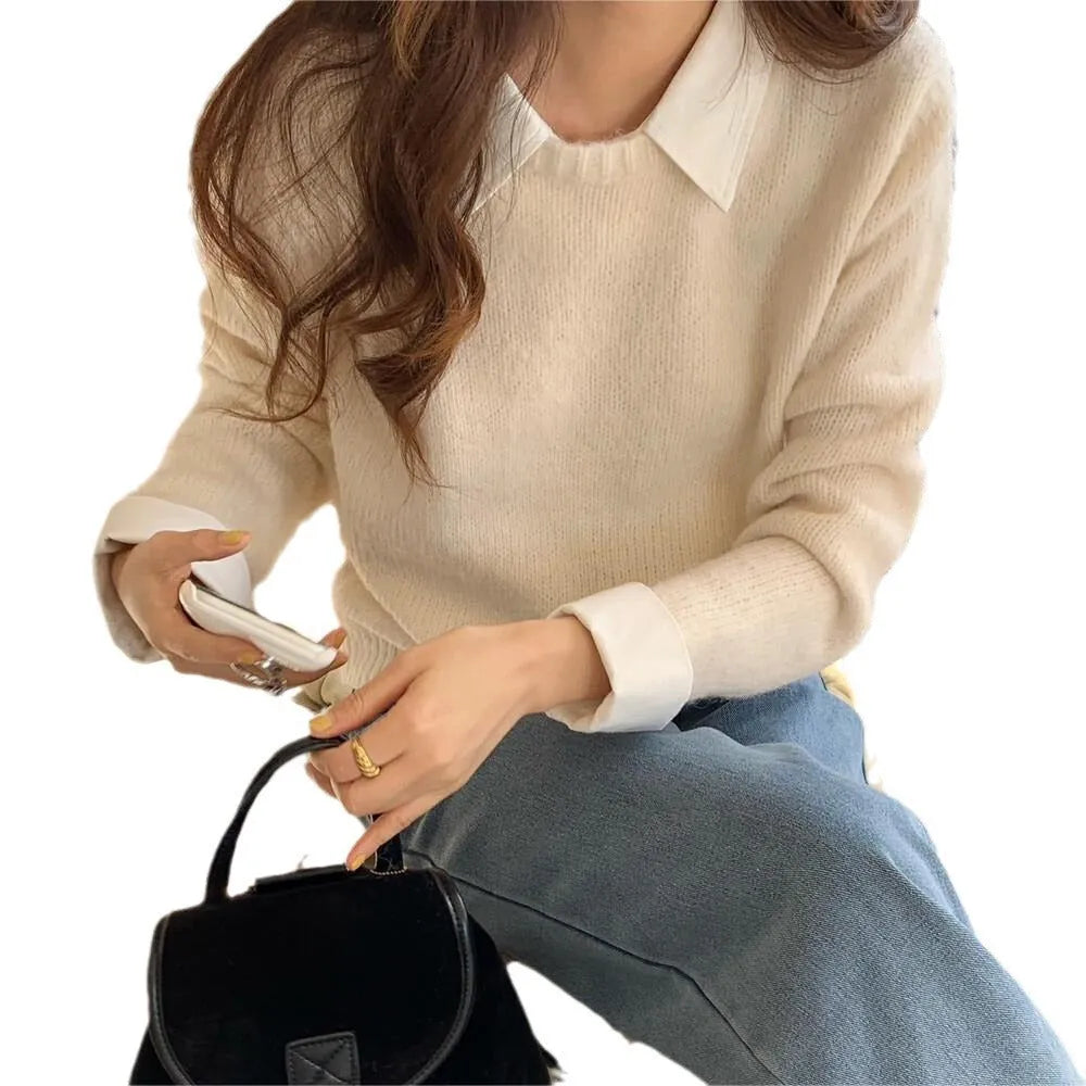 Women's loose knitwear top with contrast colour lapels in a choice of seven colours.