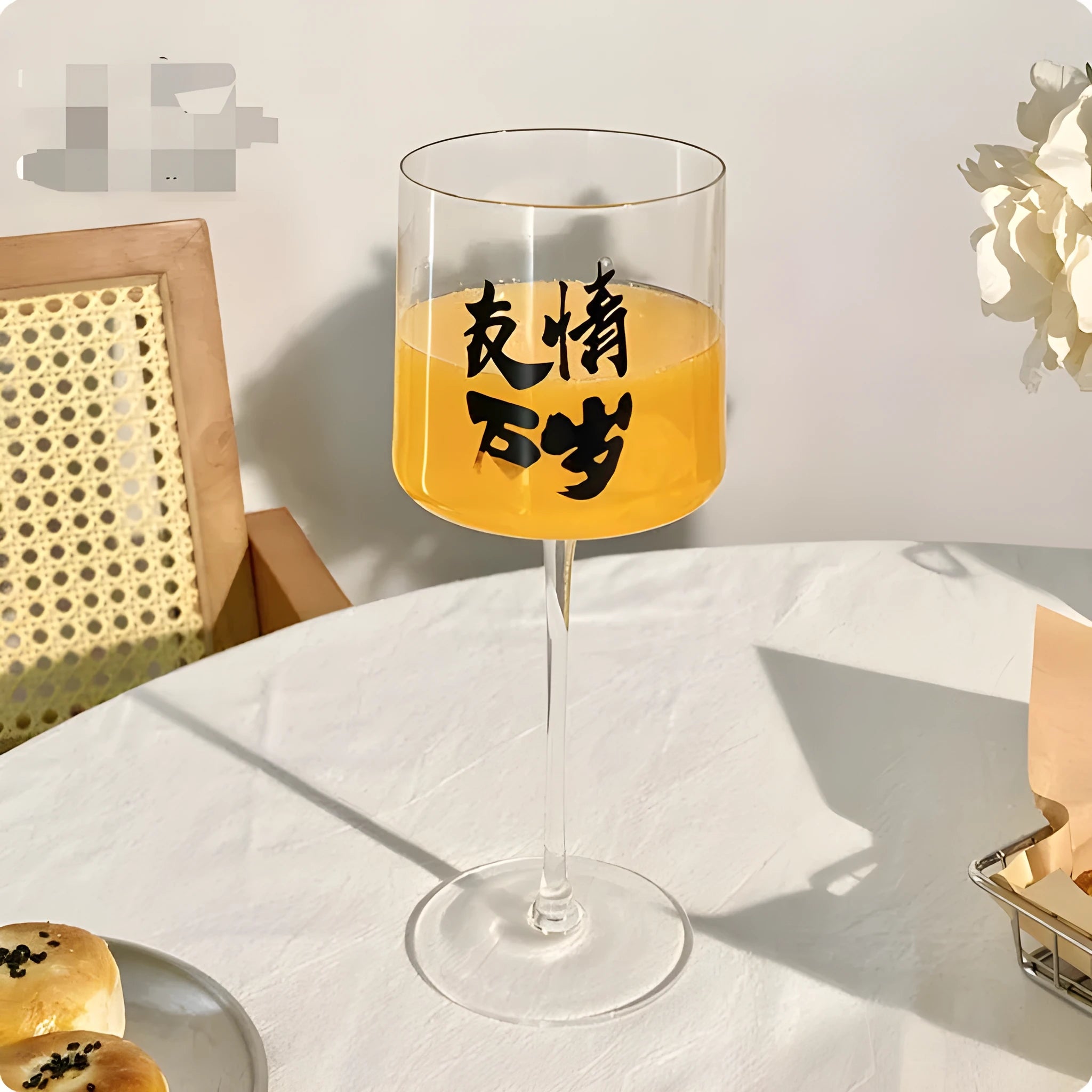 Glass medieval French simplicity goblet in one of six colour styles: bamboo, blue bottom, career, friendship, champagne, or tiger beer design.