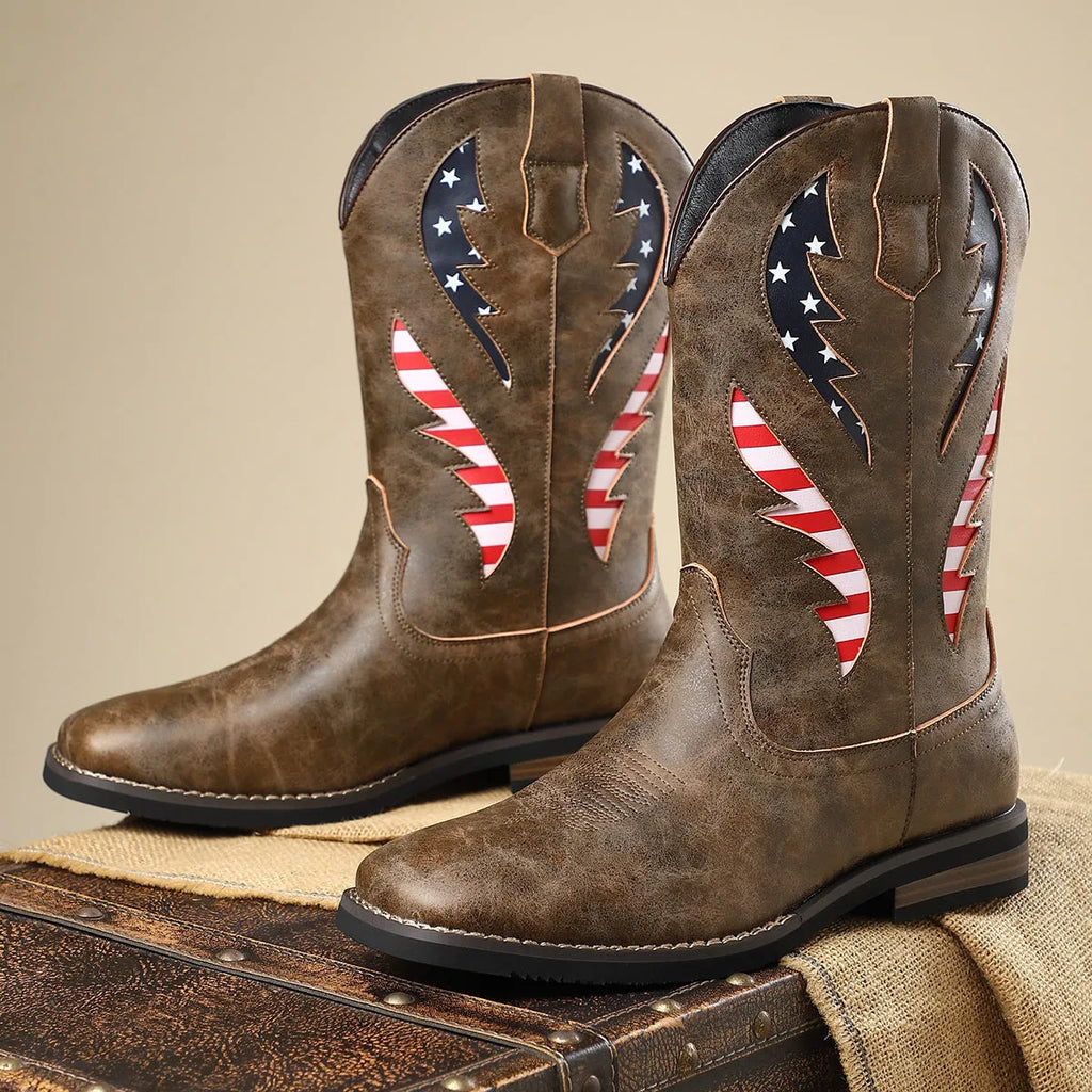 Men's thick-heel leather patchwork boots in black, brown, gray, and khaki, slip-on style with block heel