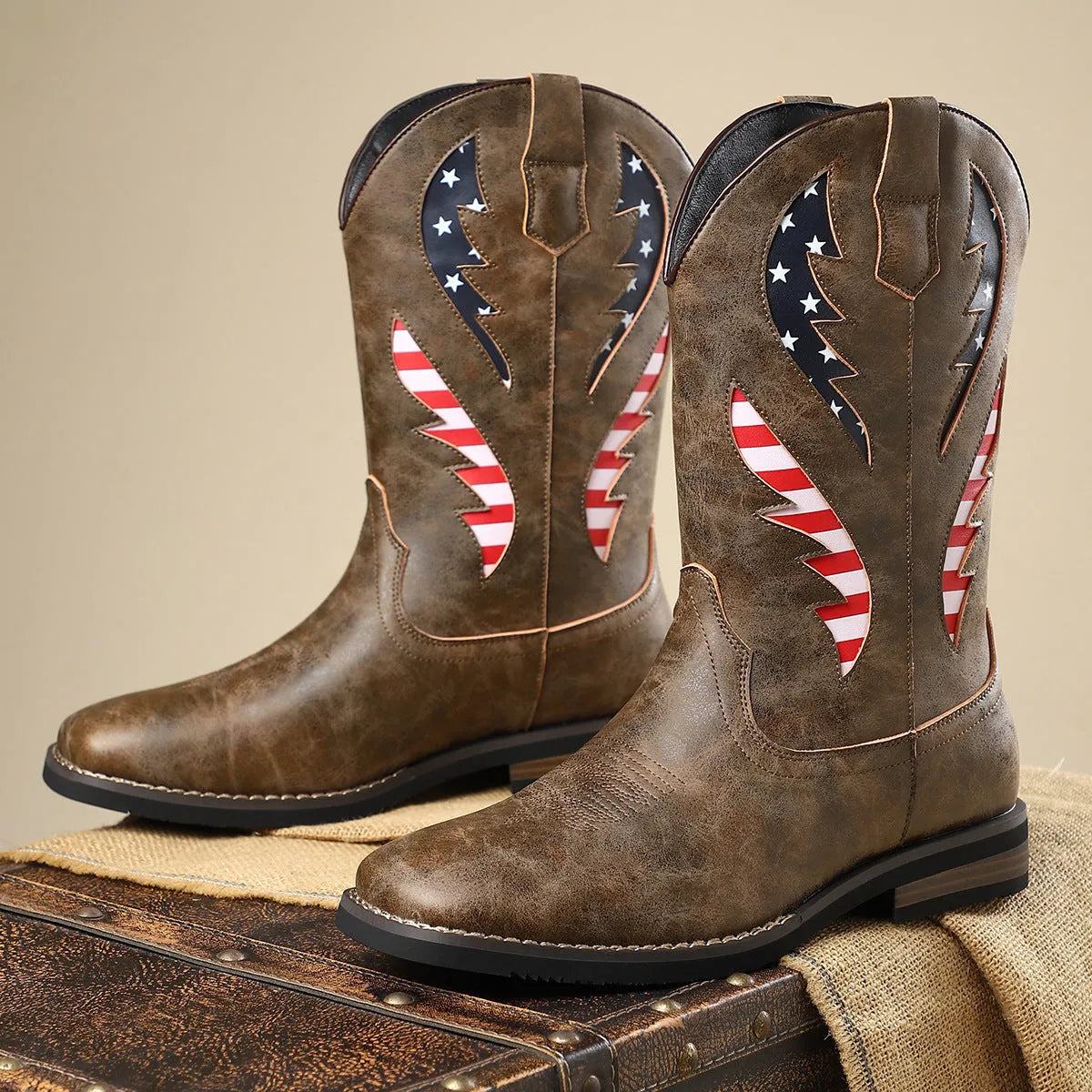 Men's thick-heel leather patchwork boots in black, brown, gray, and khaki, slip-on style with block heel