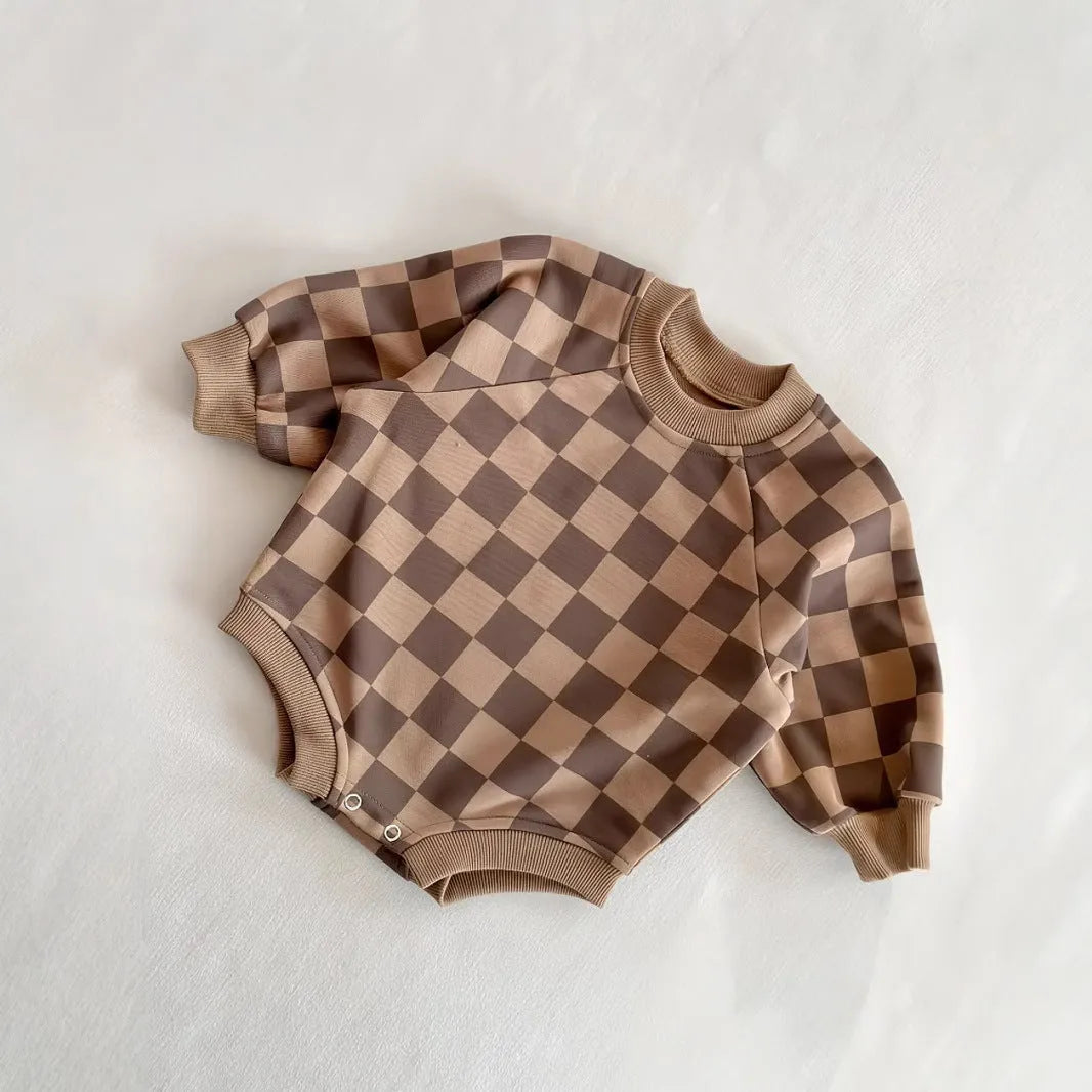 Baby one-piece cotton chessboard plaid pullover jumpsuit in brown plaid, long sleeve, unisex