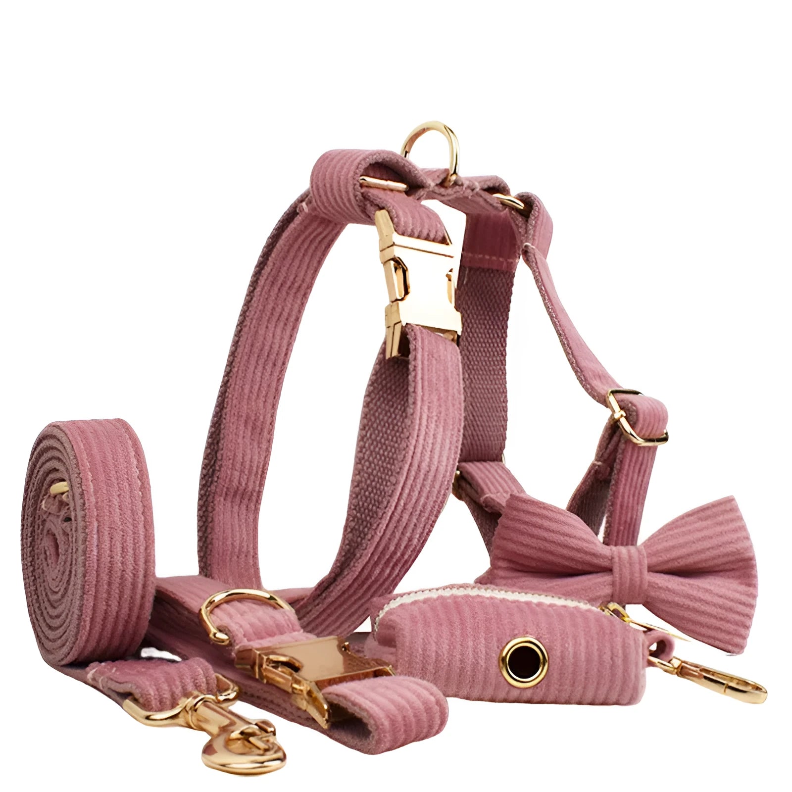 Red corduroy dog collar and leash set with matching vest, bow tie, and poo bag