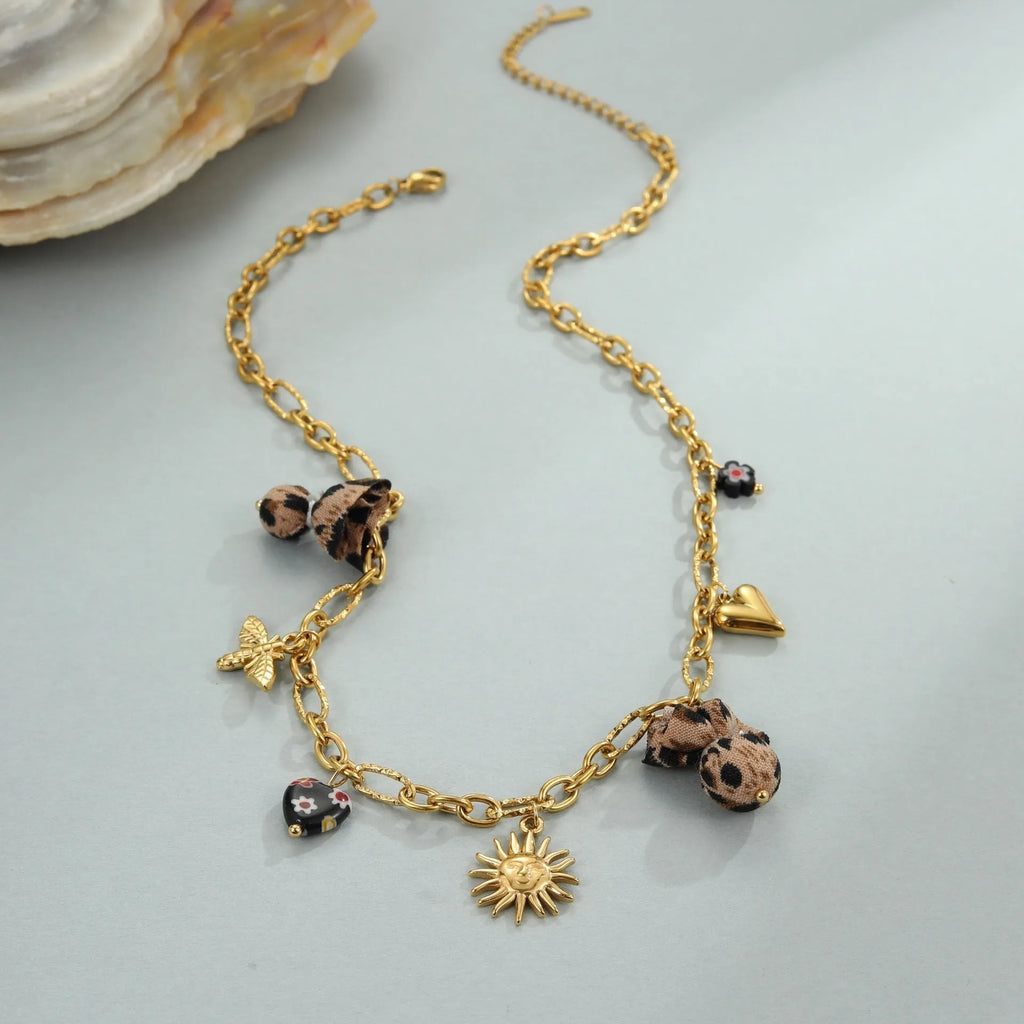 Women's stainless steel leopard pendant necklace with love heart flowers design on adjustable 41-50cm chain