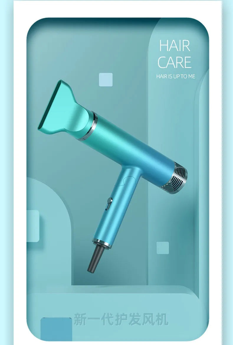 Compact foldable hair dryer in green or purple colour, shown in folded and unfolded positions.