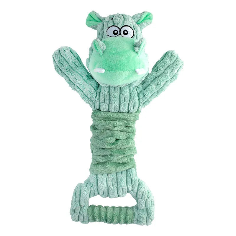 Large squeaky plush dog toy in hippo or monkey design with telescopic handle for tug of war