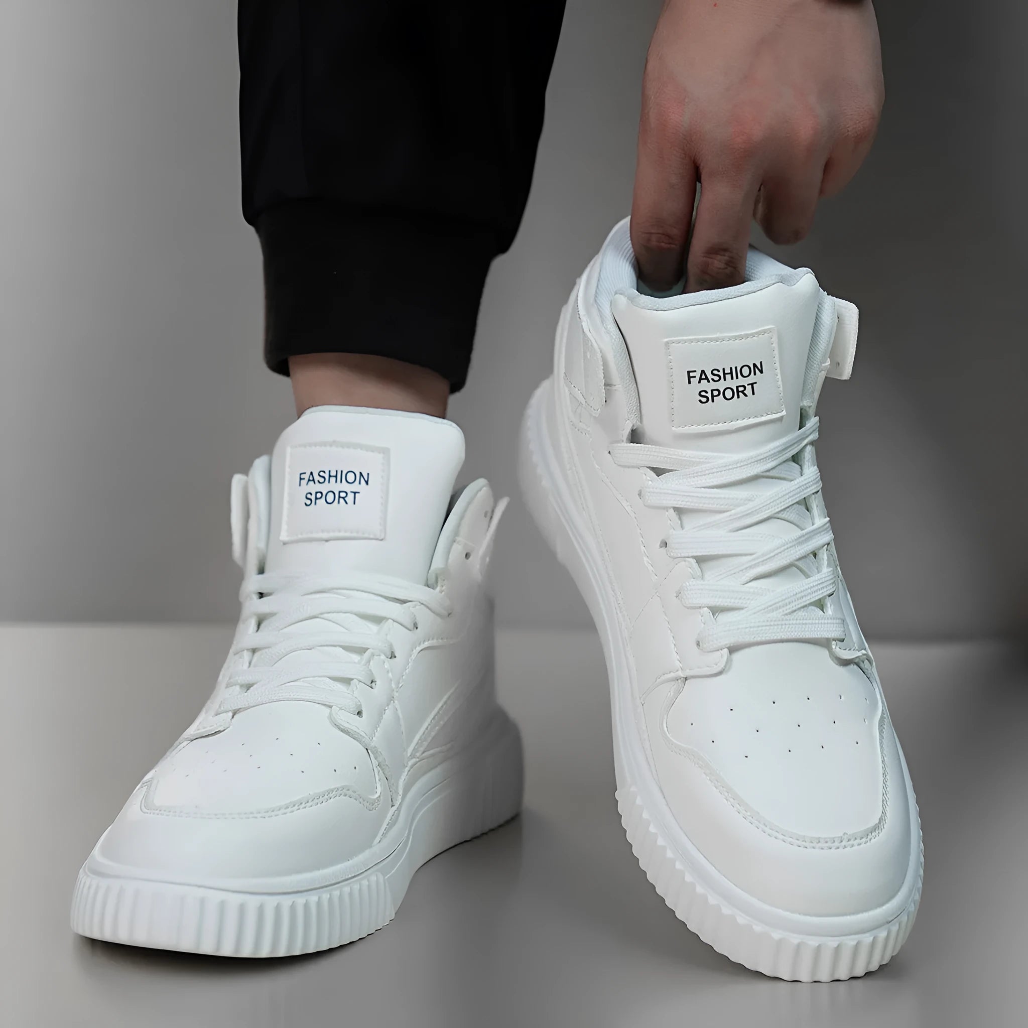 White men's casual microfiber shoes with a round toe, shown on a plain background.