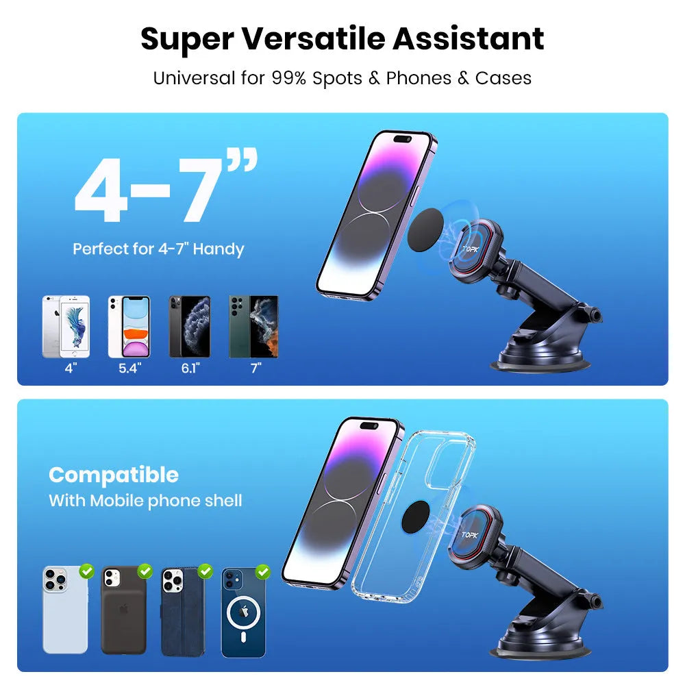 Magnetic car phone holder with suction cup and hook bracket on dashboard