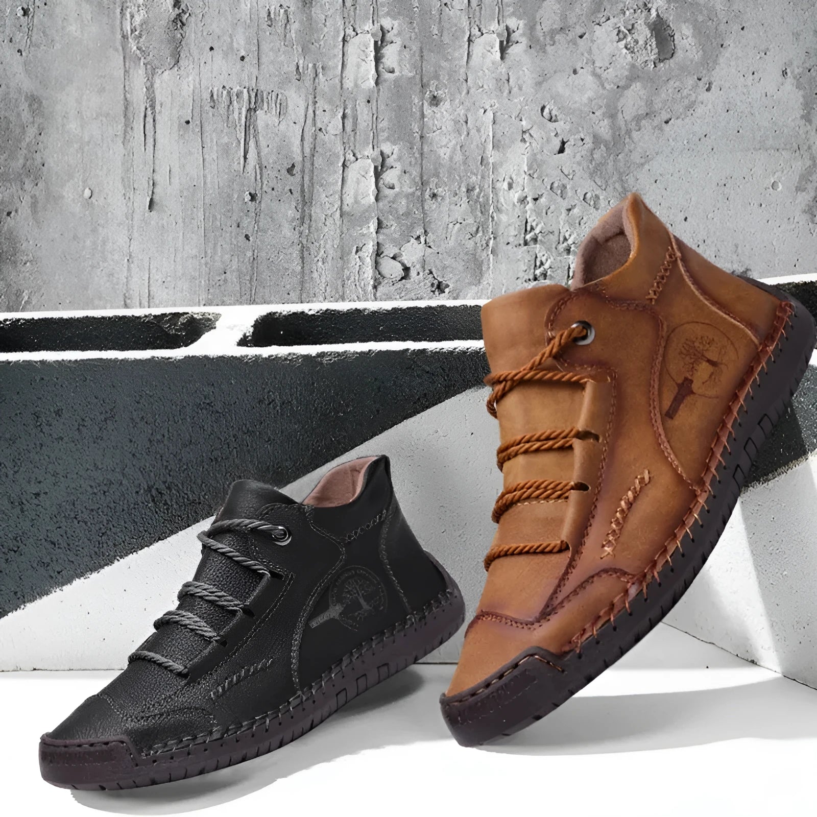 Men's brown leather high-top lace-up casual boots on a white background.
