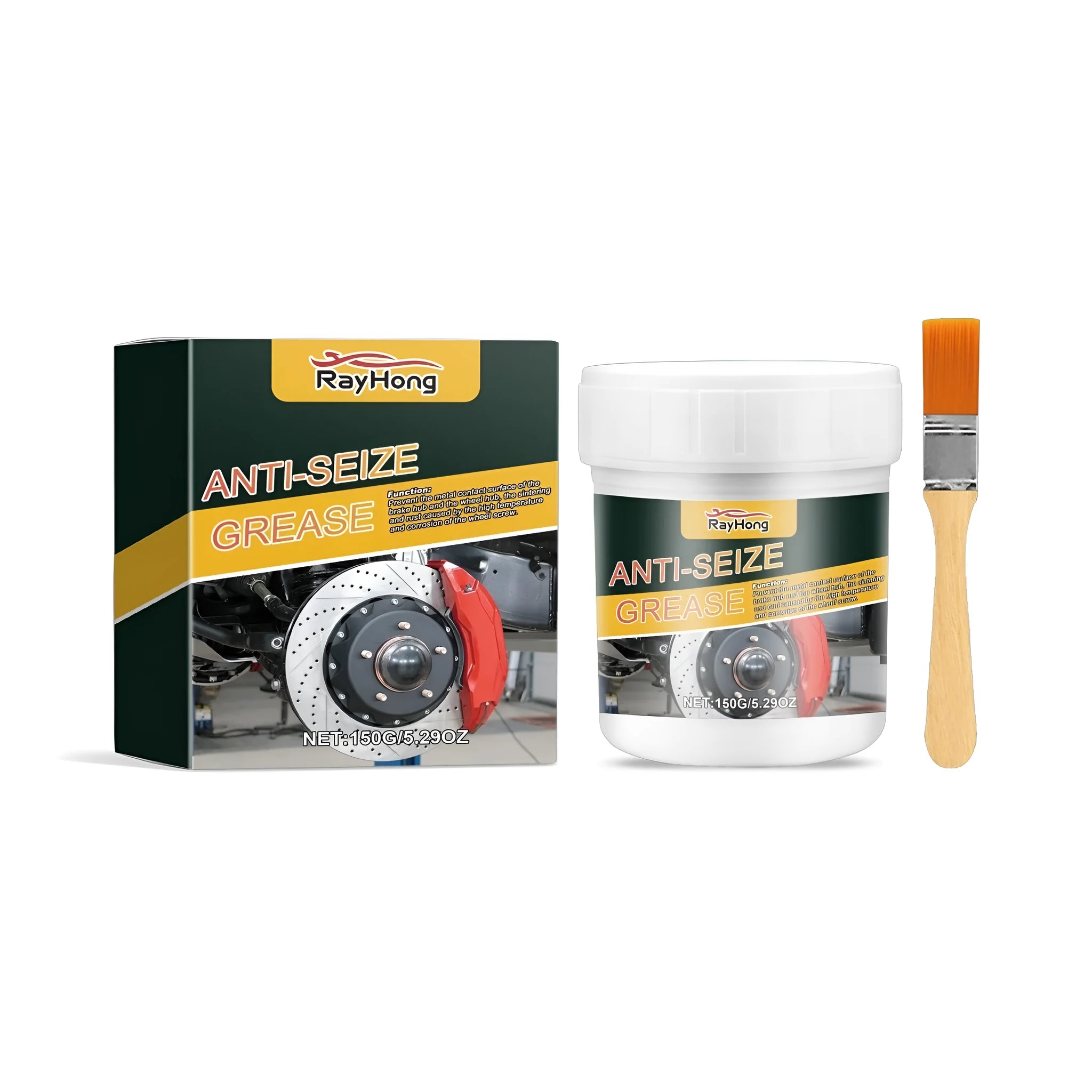150g bottle of anti-seize grease with a brush applicator on side, label with product details