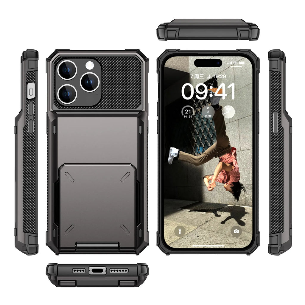 Fashion flip card phone case with PC hard shell in gray, showing card slot and iPhone compatibility