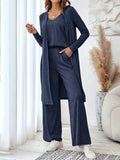 Blue women's three-piece casual suit set with trousers, top, cardigan, and suspenders laid flat.