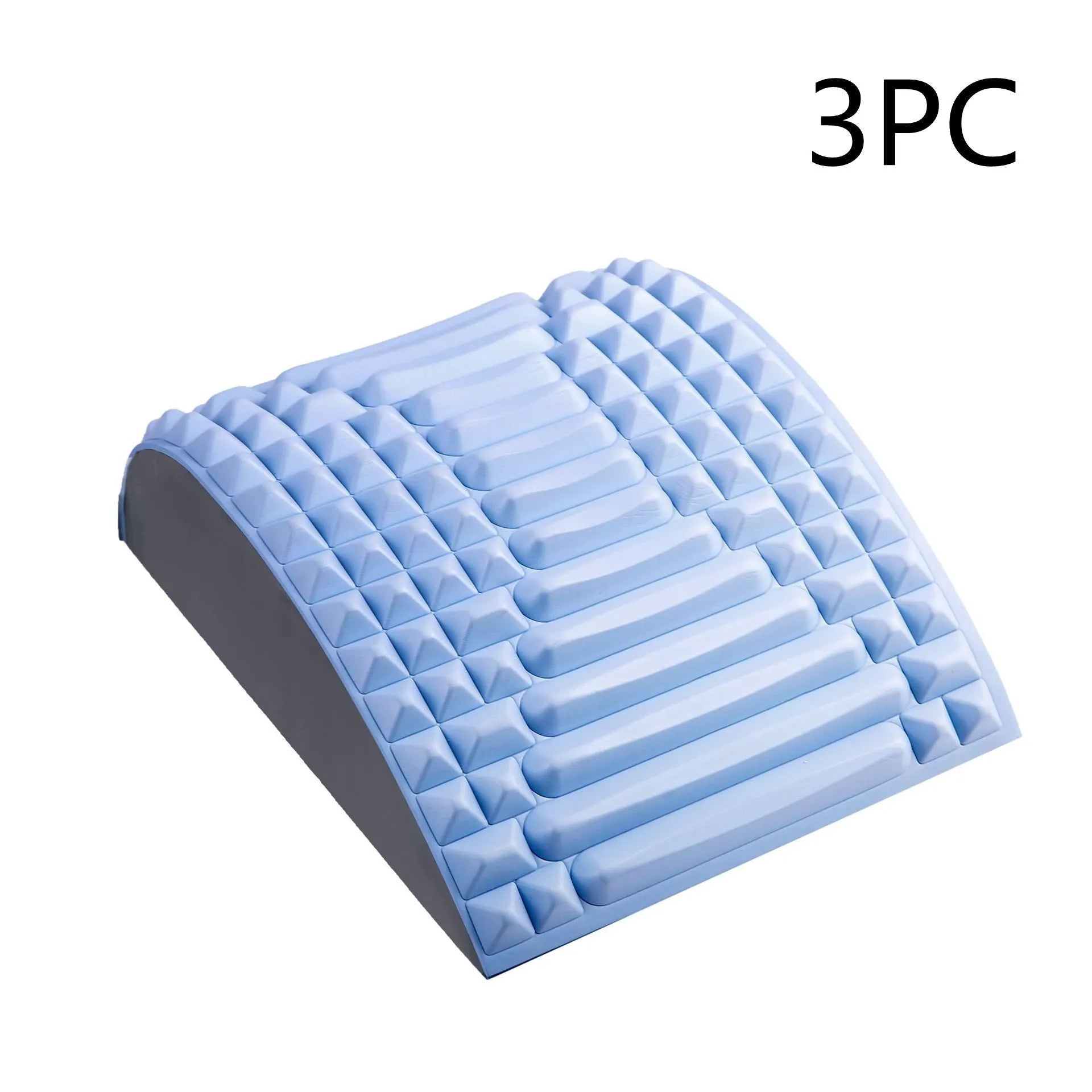 Blue back stretcher pillow for lumbar and neck support on a grey background.