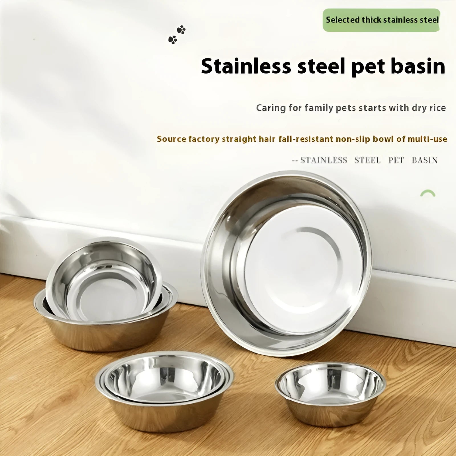 Stainless steel pet bowl set showing five different sizes from 13cm to 22cm diameter.
