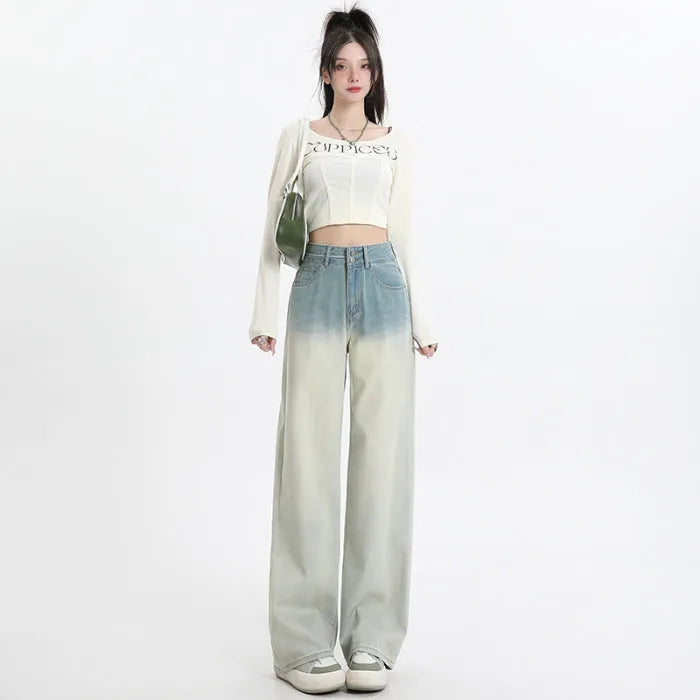 Women's gradient blue wide-leg straight-leg cotton denim trousers on a hanger.