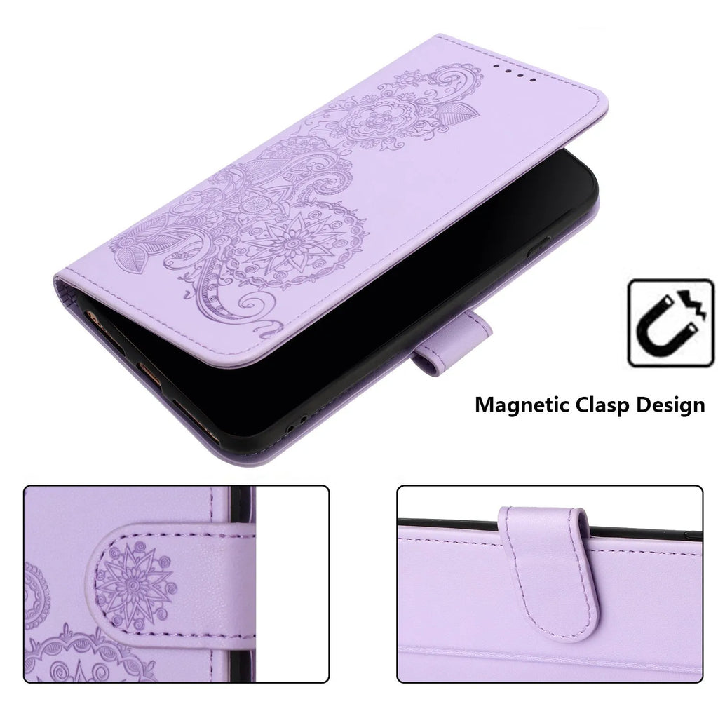 Samsung leather phone case with embossed datura flowers and flip card slot, available in multiple colours