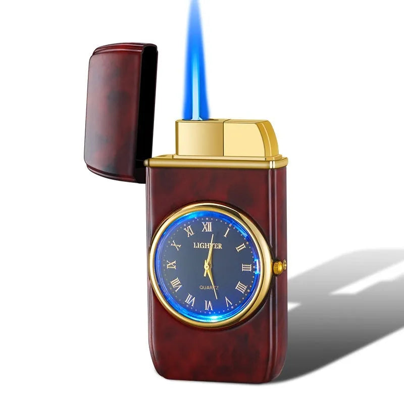 Multifunctional metal electronic watch lighter with LED flash light in various brushed and textured finishes.
