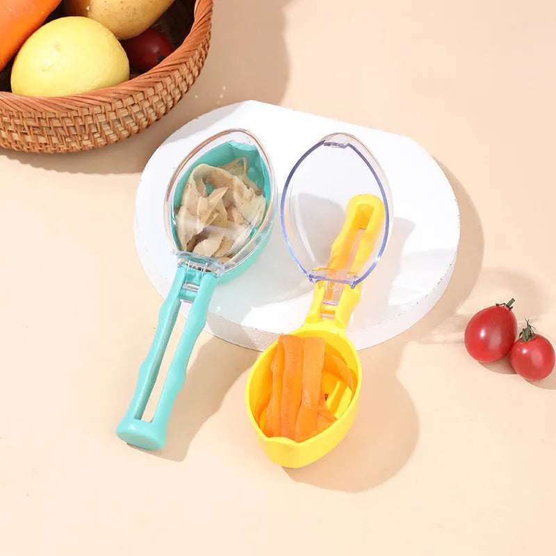 Yellow peeling knife with a storage lid on a kitchen counter.