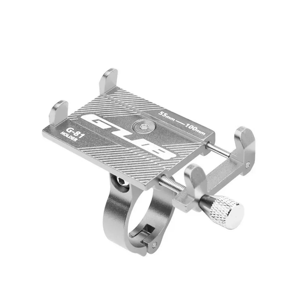 Aluminium alloy bicycle phone holder with 360-degree rotation on a bike handlebar.