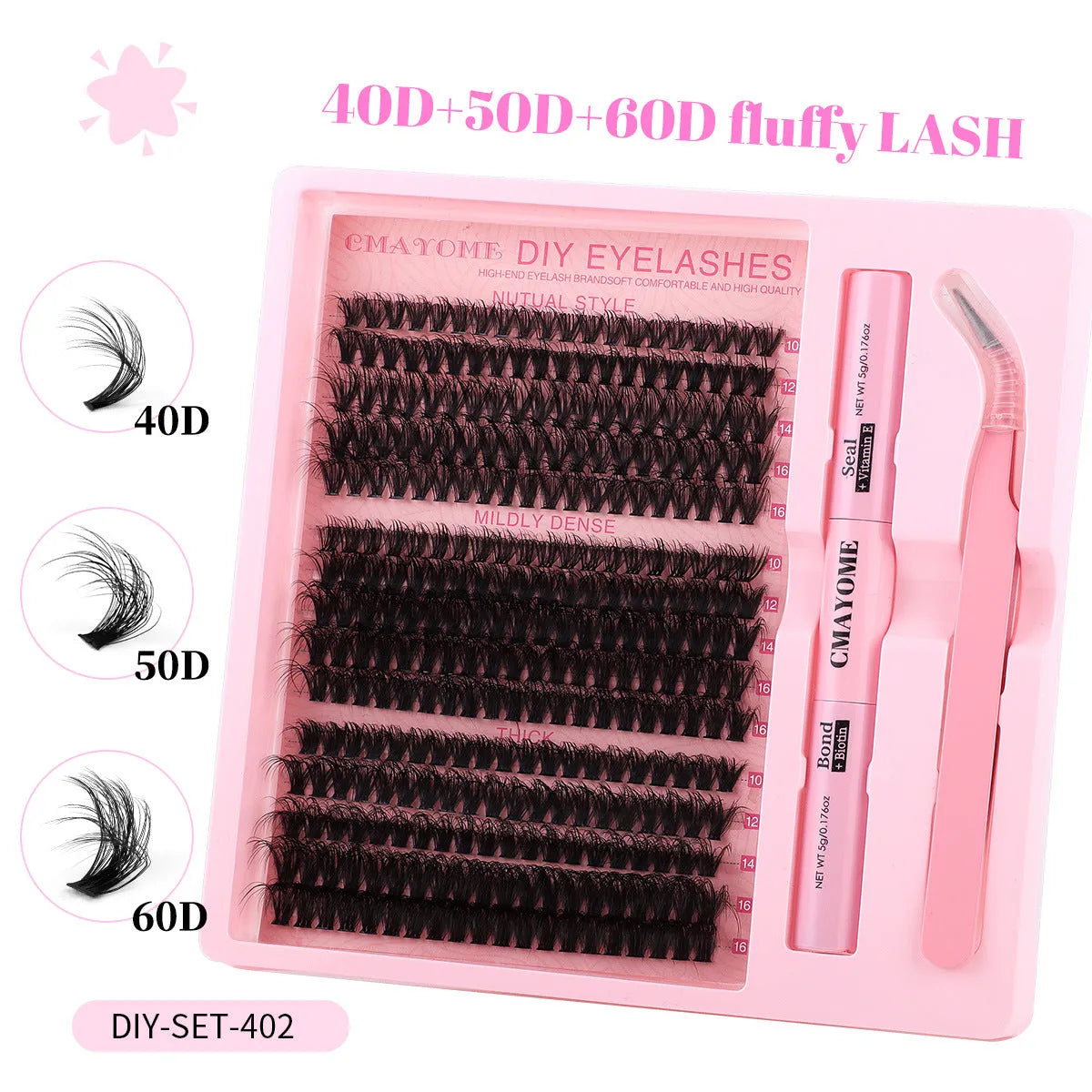 DIY false eyelashes extension kit showing single cluster lashes and eyelash tweezers on a clean surface