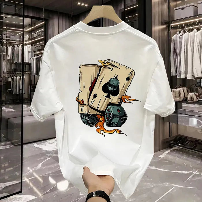 Men's black heavy cotton short-sleeve T-shirt with a printed design on a hanger.