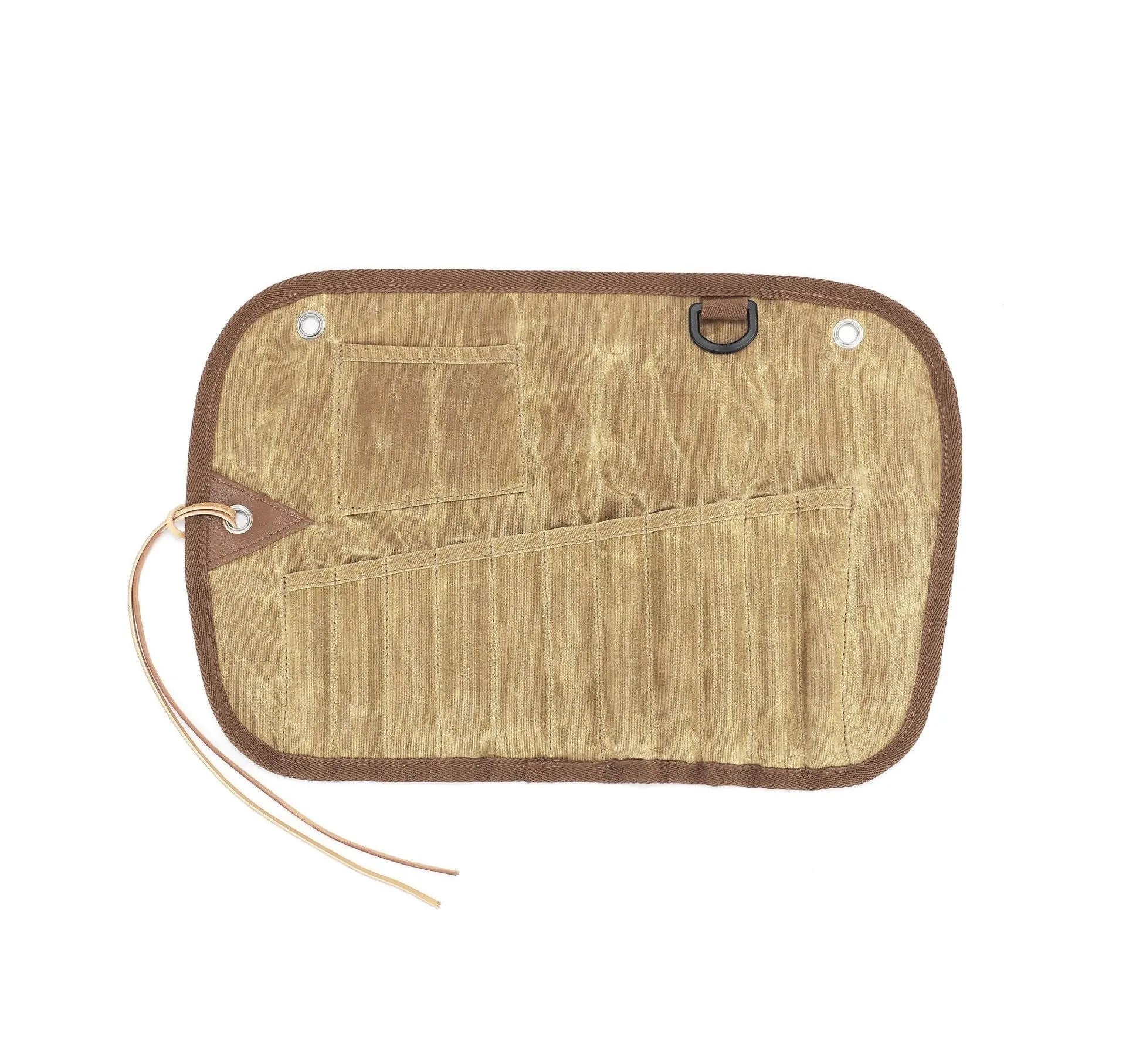 Waxed canvas tableware storage bag open to show wooden handle knife, fork, spoon, butter knife, and chopsticks.