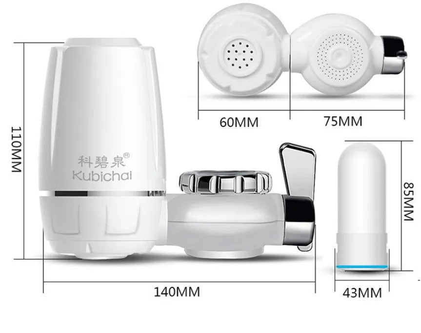 White plastic faucet water filter with ceramic cartridge and set of thread adapters