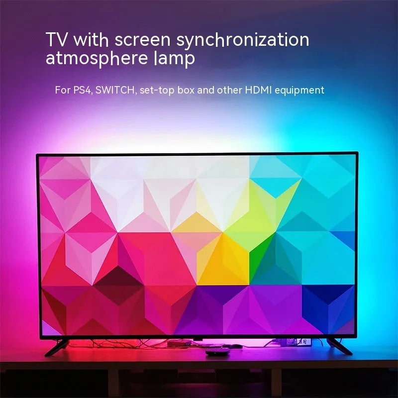 TV ambience light strip with colourful LEDs mounted behind a television screen.