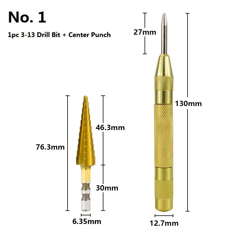 HSS steel cone drill bit and centre punch set for metalworking with step drill design