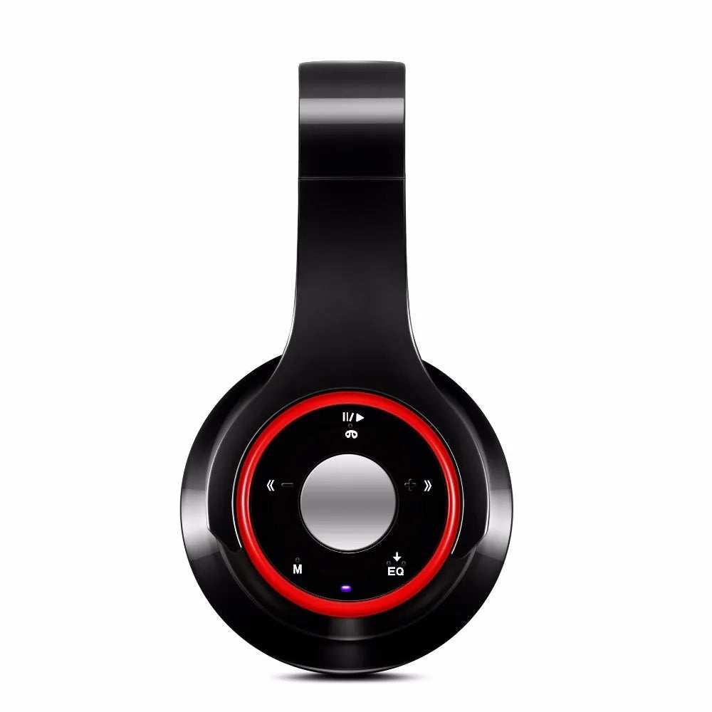 Foldable over-ear wireless Bluetooth headset with adjustable hinges in blue, red, or rose red colours.