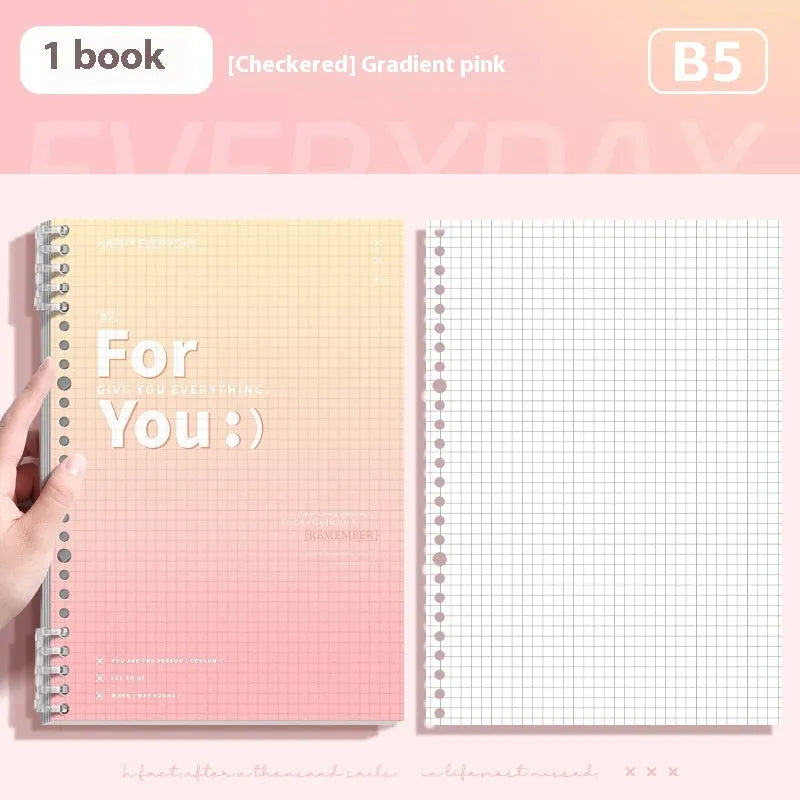 Removable coil gradient notepad in blue, green, pink, or purple with grid paper.