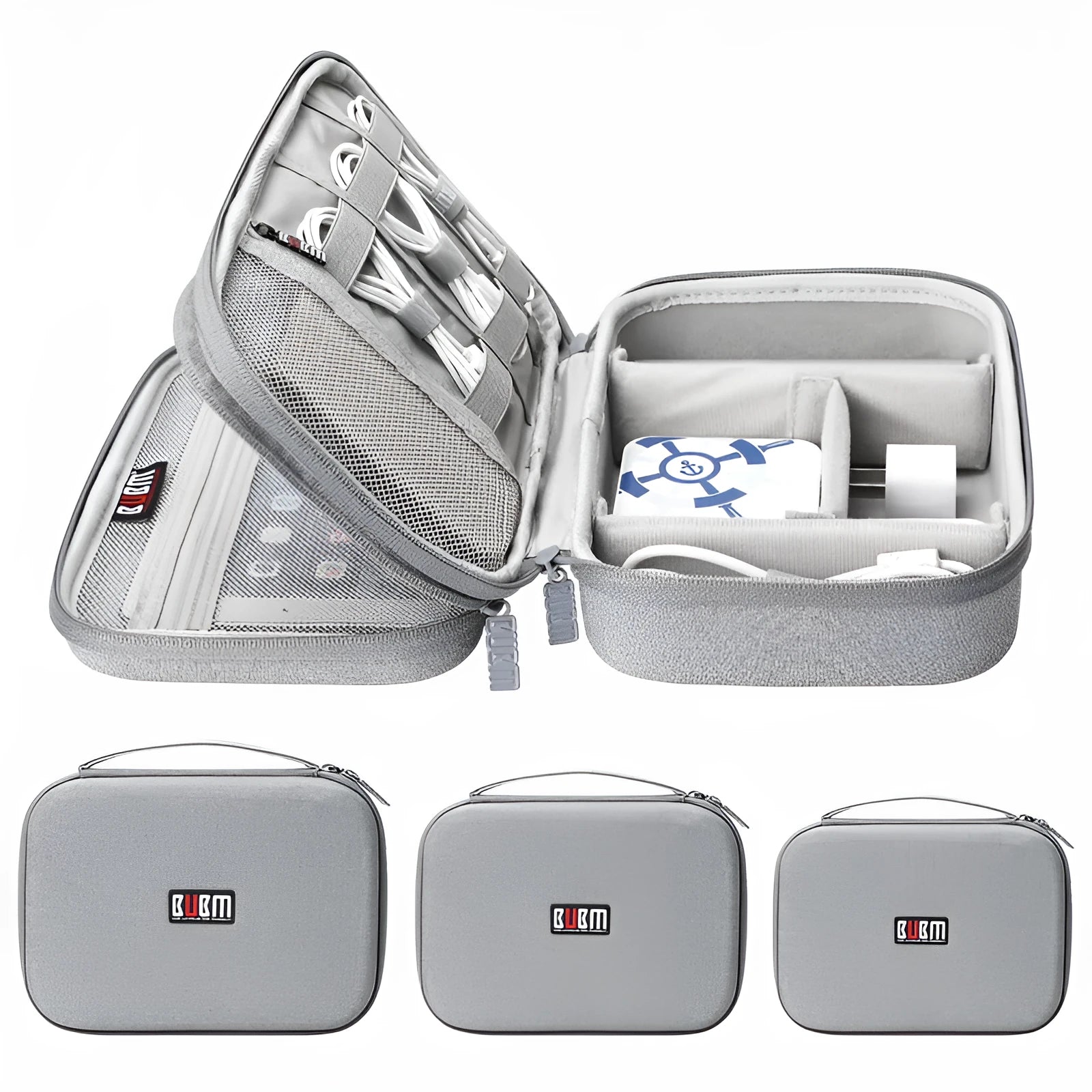 Black EVA digital storage bag with a handbag shape for organising headphones and cables.