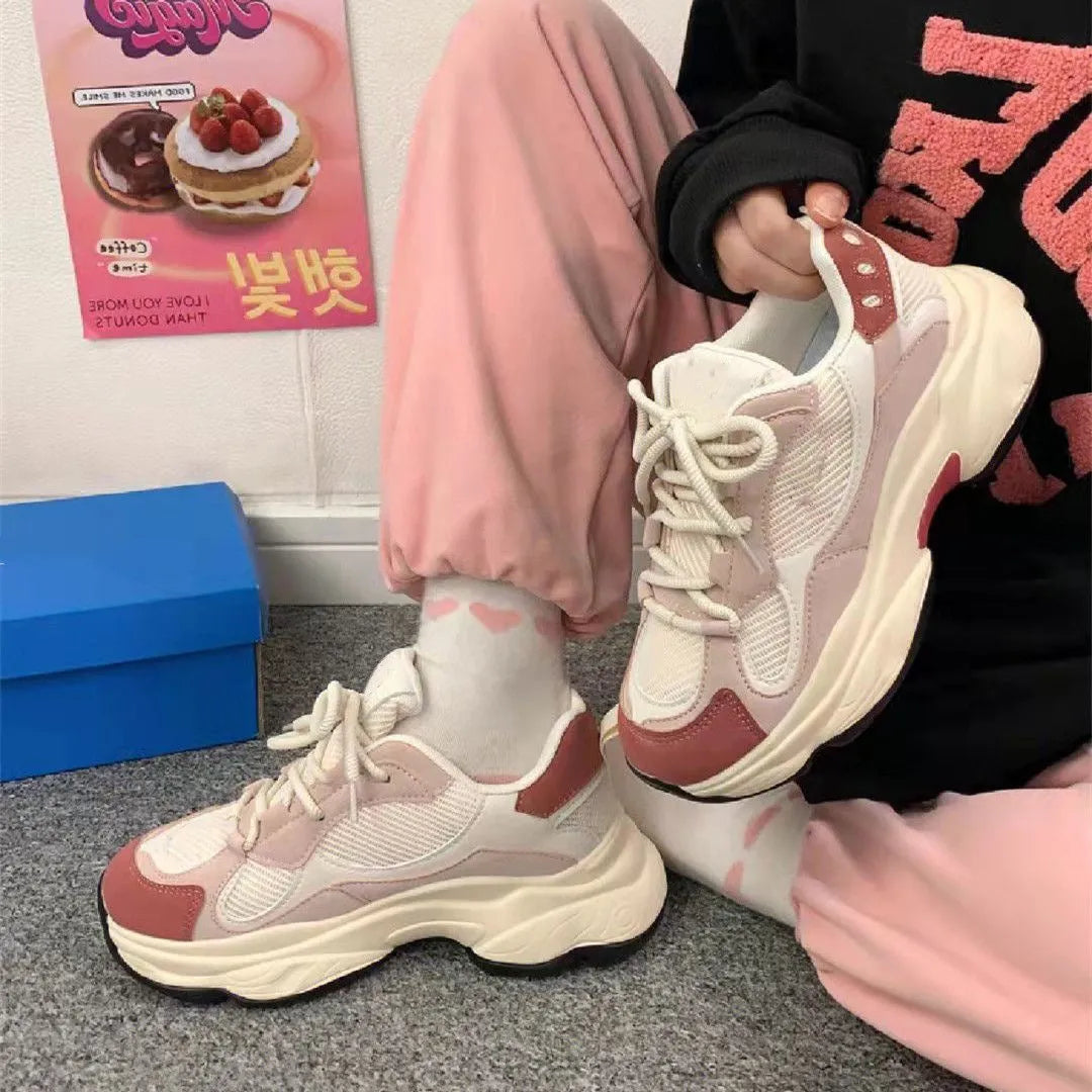 Women's thick-sole height-increasing fashion sneakers in pink with PU upper and lace-up design