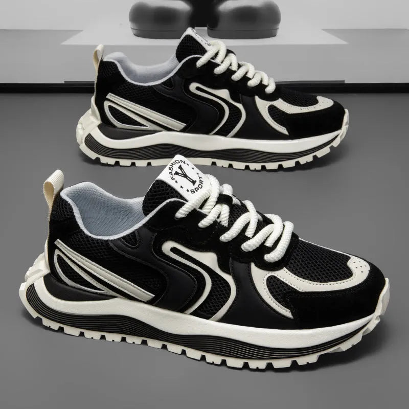 Men's black mesh and synthetic leather lace-up sneakers with a round toe and rubber sole.
