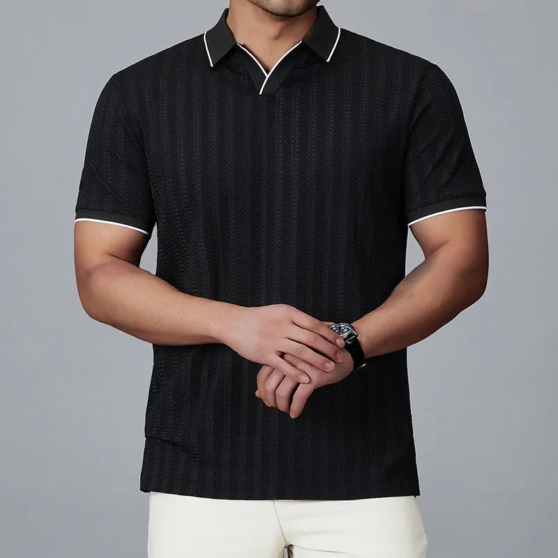 Men's short-sleeved loose fit polo shirt in ice silk nylon, shown in black, orange, and white.