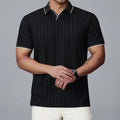 Men's short-sleeved loose fit polo shirt in ice silk nylon, shown in black, orange, and white.