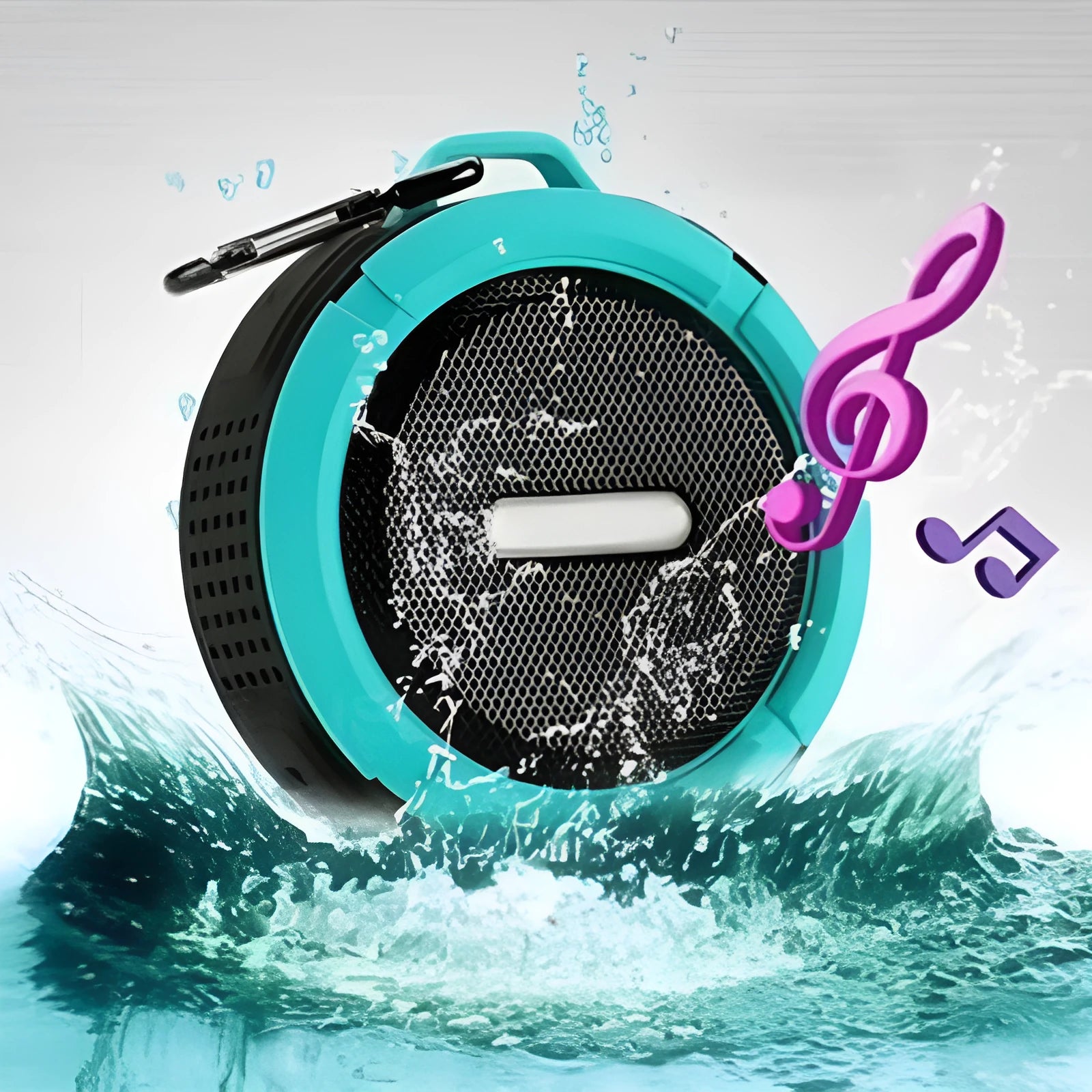 Compact waterproof Bluetooth speaker with a mounting clip, shown in blue.