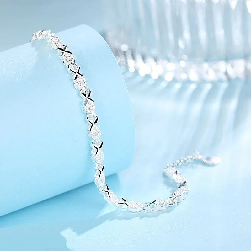 Sterling silver geometric zircon bracelet for women, silver colour, copper electroplated construction