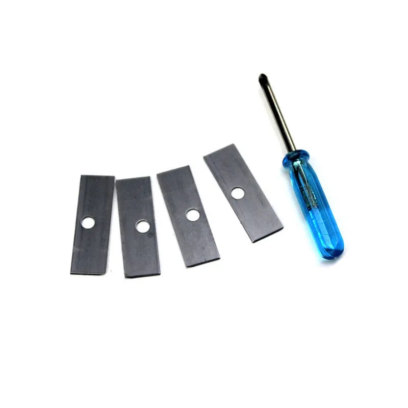 Geometric plastic pencil sharpener with four holes and an included screwdriver tool.