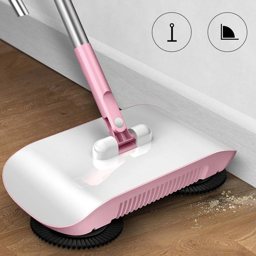Pink hand push sweeper all-in-one broom dustpan mop with 360-degree brush on tile floor