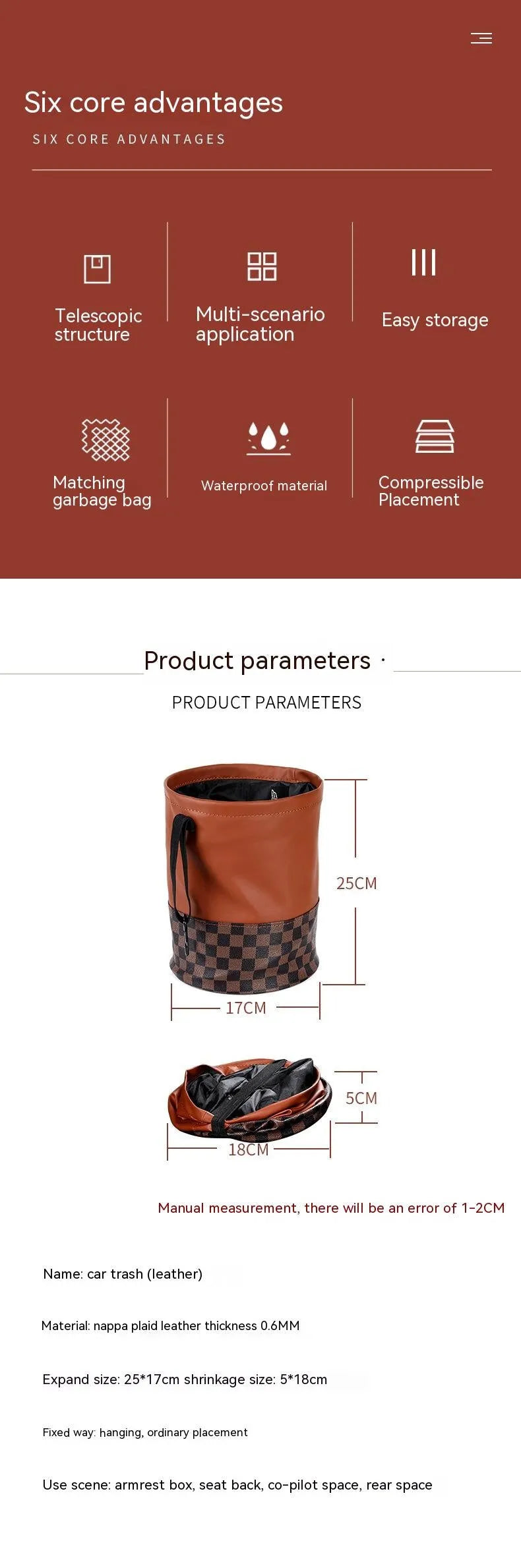 Leather retractable folding car trash can with handle, shown in vehicle interior