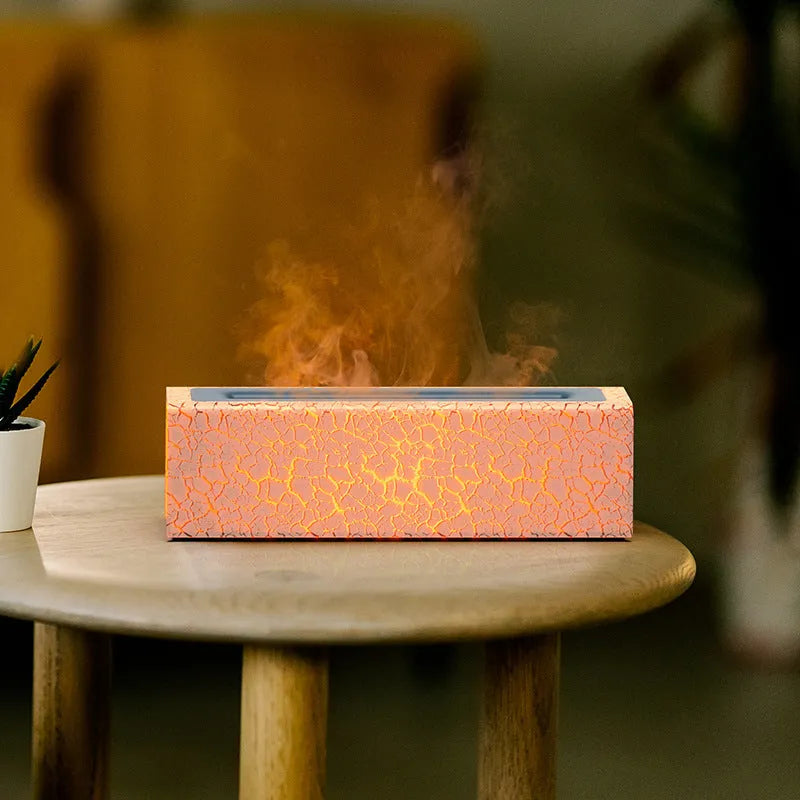Square desktop aroma diffuser and humidifier with creative lava colourful flame lighting effect.