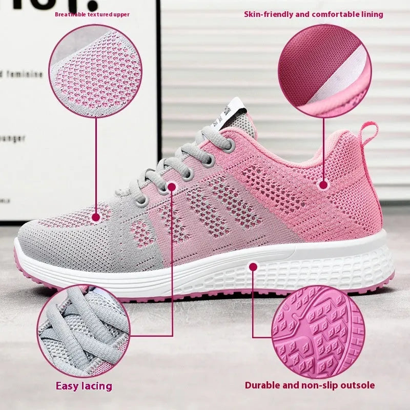Women's running shoes with Flyknit upper in black, rose red, or gray pink with flat heel and soft bottom