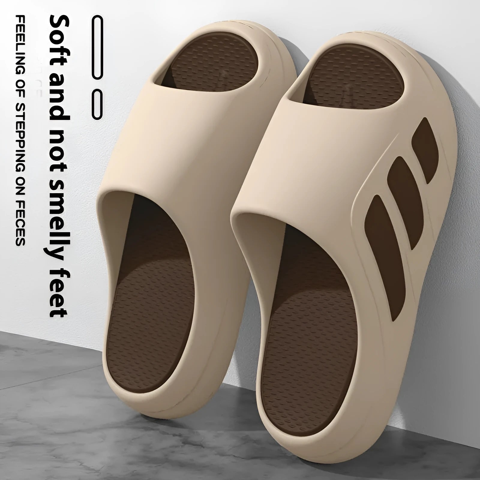 EVA platform slippers in brown, black, red and black, or white and black colours with letter design elements