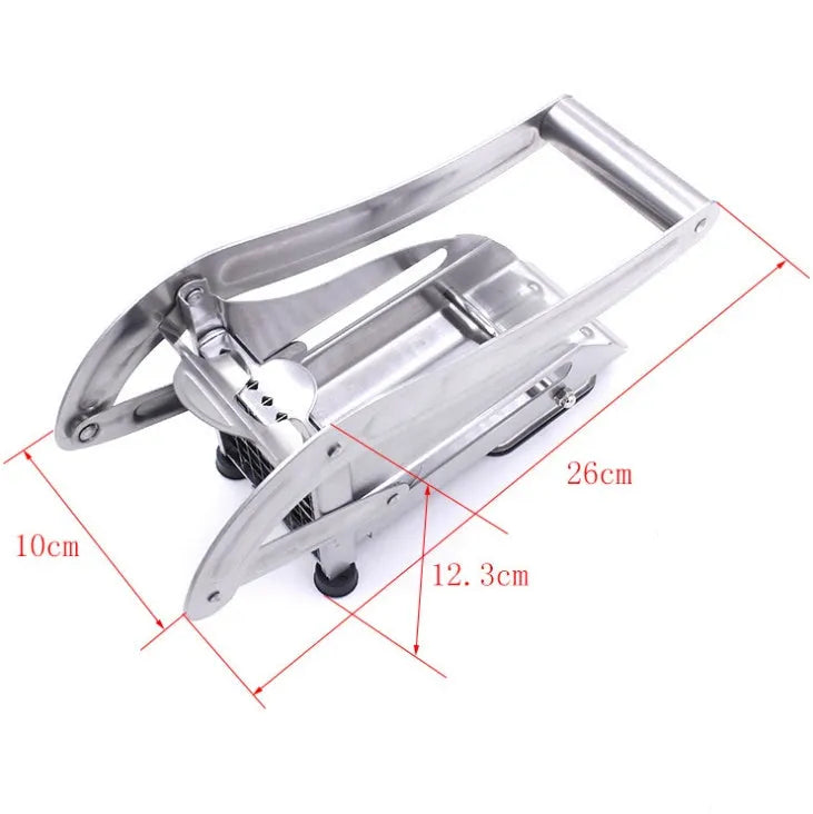 Manual potato cutter with stainless steel blades and non-slip rubber foot for French fry preparation