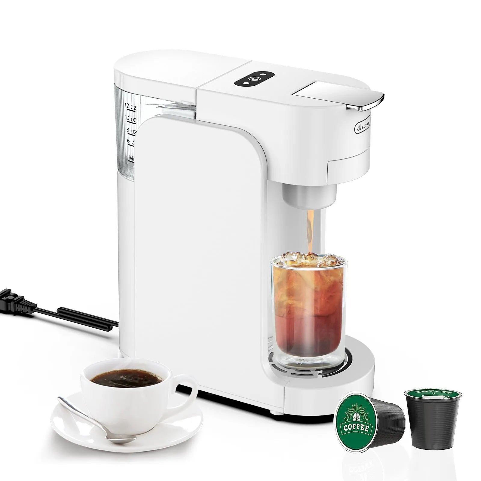Compact black and white capsule coffee machine with transparent water tank and adjustable stainless steel drip tray.